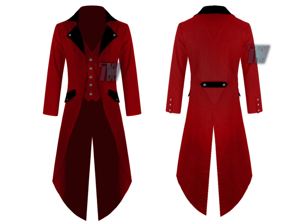 Men's Steampunk Tailcoat Jacket Red & Green Colors with Black Lapels Gothic Victorian Coat VTG