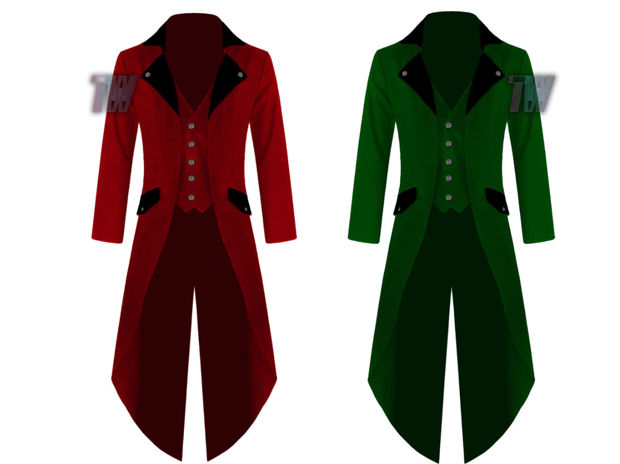 Men's Steampunk Tailcoat Jacket Red & Green Colors with Black Lapels Gothic Victorian Coat VTG