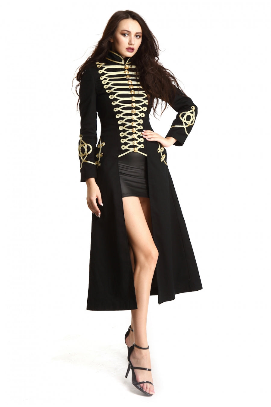 Ladies Black Long Gothic Coat Officer Hussar Steampunk Fashion Jacket Style Gold Gilding For Women