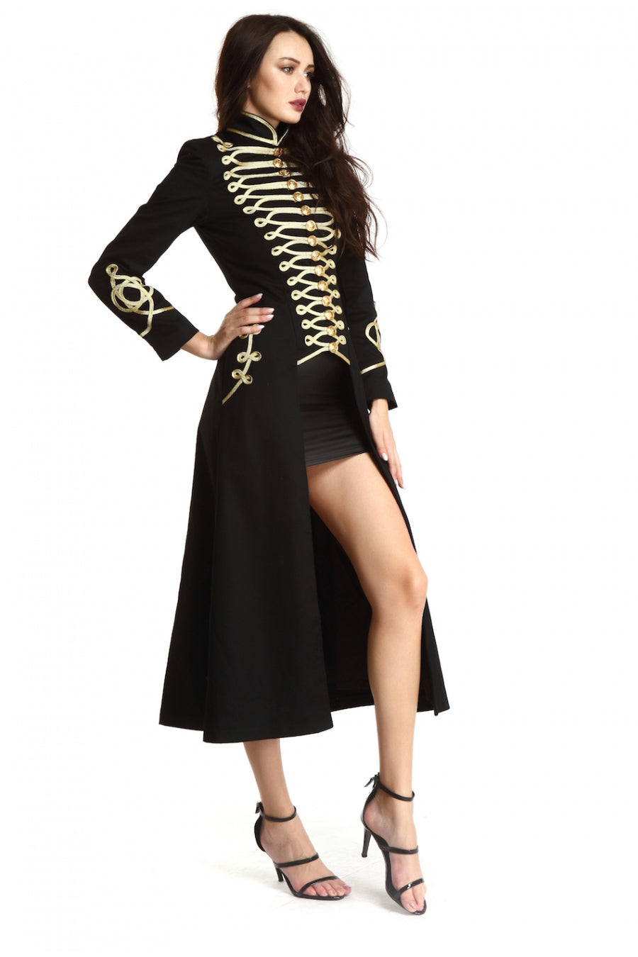 Ladies Black Long Gothic Coat Officer Hussar Steampunk Fashion Jacket Style Gold Gilding For Women