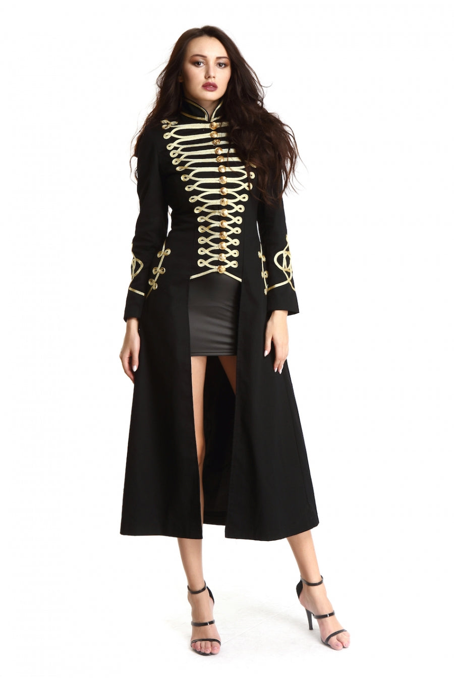 Ladies Black Long Gothic Coat Officer Hussar Steampunk Fashion Jacket Style Gold Gilding For Women