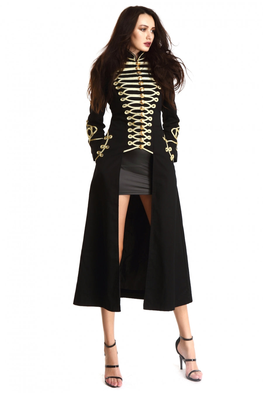 Ladies Black Long Gothic Coat Officer Hussar Steampunk Fashion Jacket Style Gold Gilding For Women