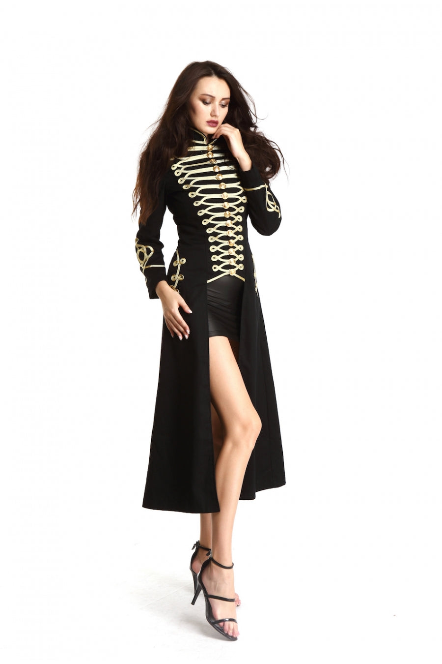 Ladies Black Long Gothic Coat Officer Hussar Steampunk Fashion Jacket Style Gold Gilding For Women
