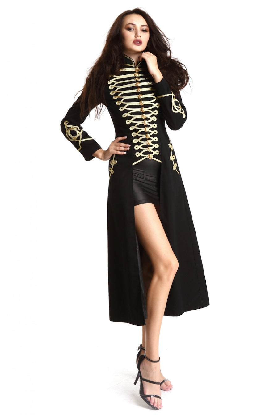 Ladies Black Long Gothic Coat Officer Hussar Steampunk Fashion Jacket Style Gold Gilding For Women