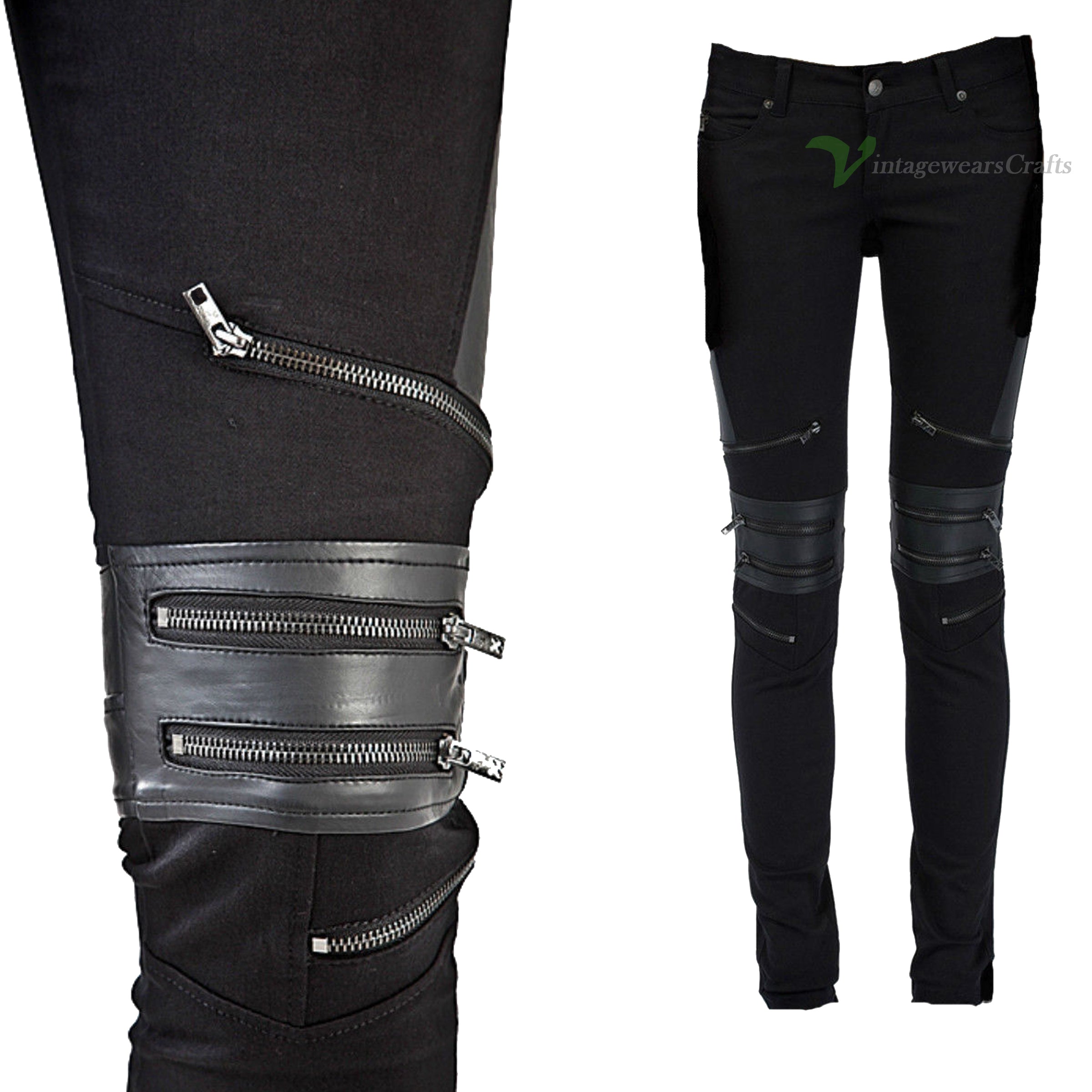 Gothic Moto Biker Jeans Skinny Zipper Punk Goth Vegi Leather Unisex Pants