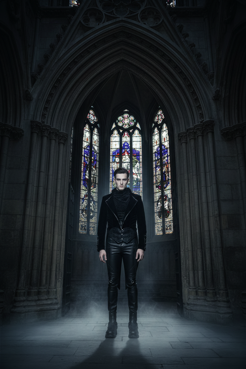 Men's Black Velvet Gothic Steampunk Vampire Swallowtail Tailcoat - Gothic Cathedral Setting