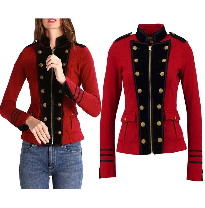 Women's Blue Black Wool Military Jacket Army Commander Officer Band Trench Steampunk