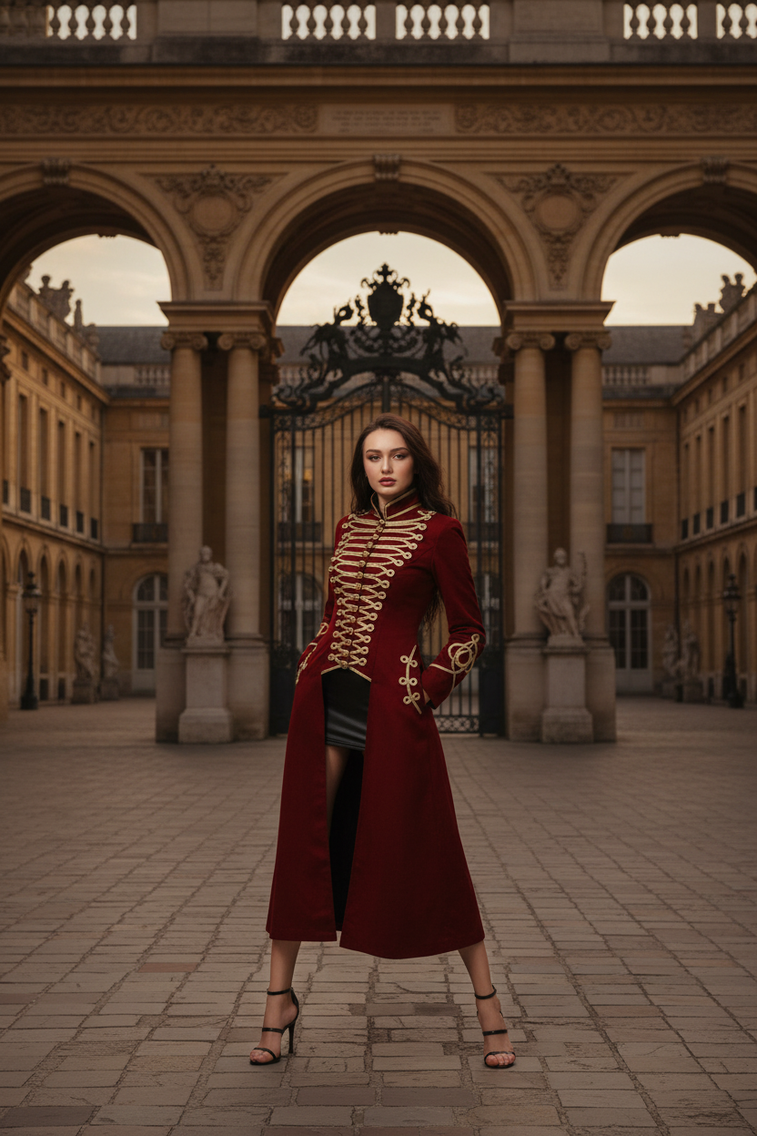 Women's Red Long Gothic Hussar Coat - European Palace Courtyard Setting