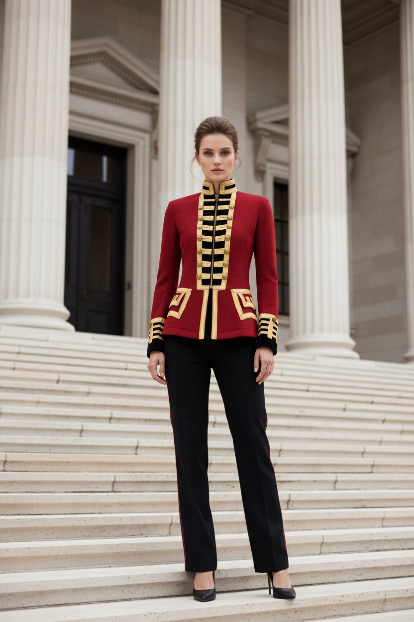 Women's Red Military Officer Blazer - Neoclassical Building Setting
